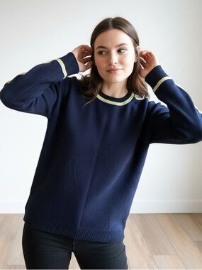 Cashmere Navy Crewneck Sweater with Yellow/Gray Contrast Trim